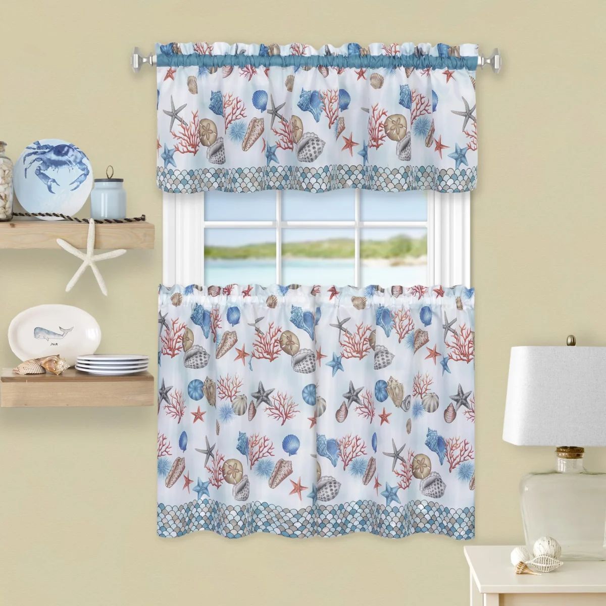 Coastal Tier and Valance Window Curtain Set with Fish-Scale Borders and Sea Motifs - 58x36 - Image 2