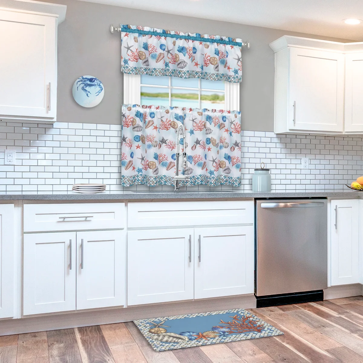 Coastal Tier and Valance Window Curtain Set with Fish-Scale Borders and Sea Motifs - 58x36 - Image 4
