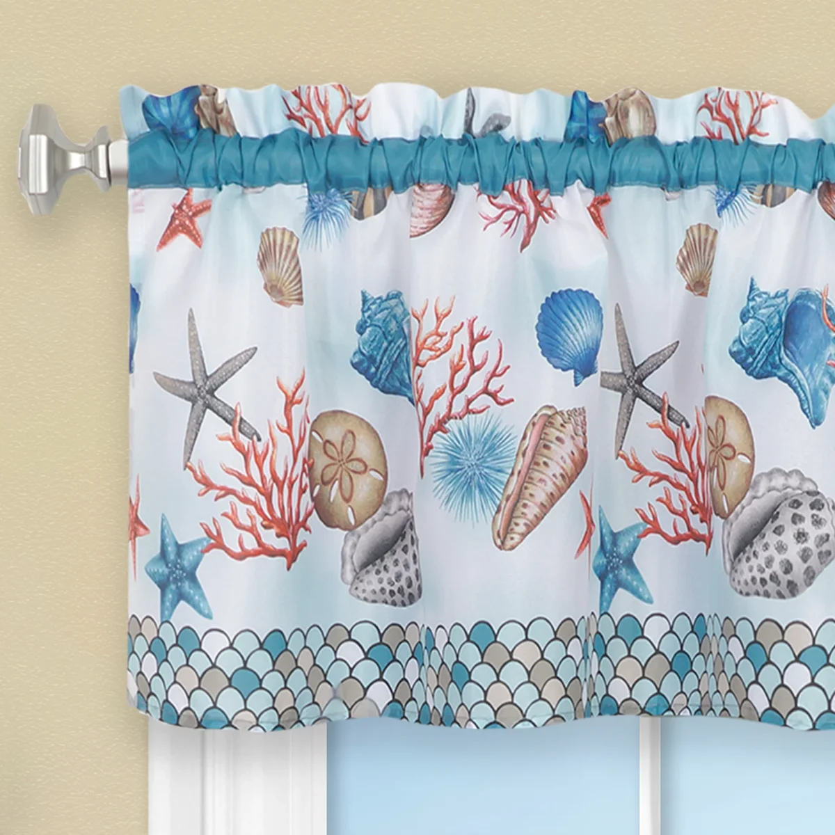 Coastal Tier and Valance Window Curtain Set with Fish-Scale Borders and Sea Motifs - 58x36 - Image 5