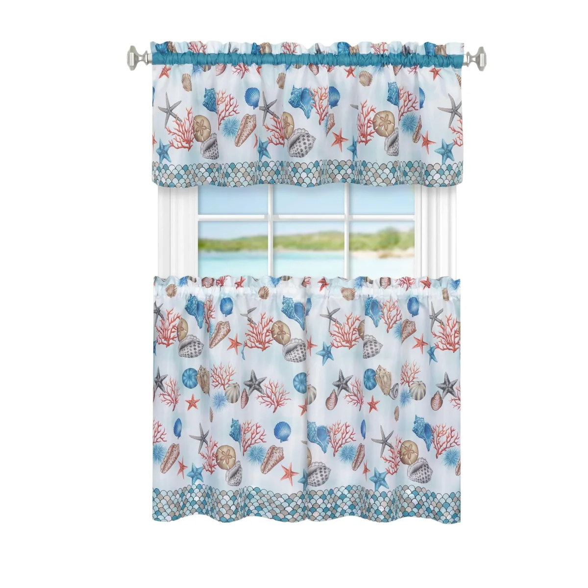 Coastal Tier and Valance Window Curtain Set with Fish-Scale Borders and Sea Motifs - 58x36 - Image 3