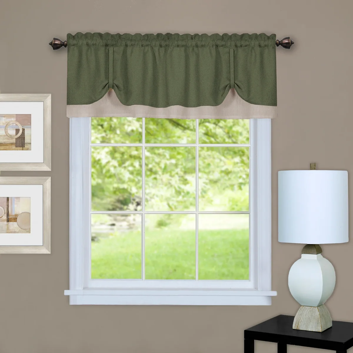 Darcy Rod Pocket Window Curtain Valance - 52 Inches x 14 Inches, Soft Chenille Fabric - Green/Camel - Image 2